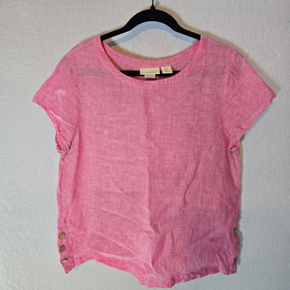 Cynthia Rowley Linen Top Women's Pink Short Sleeve Button Detail Casual Medium